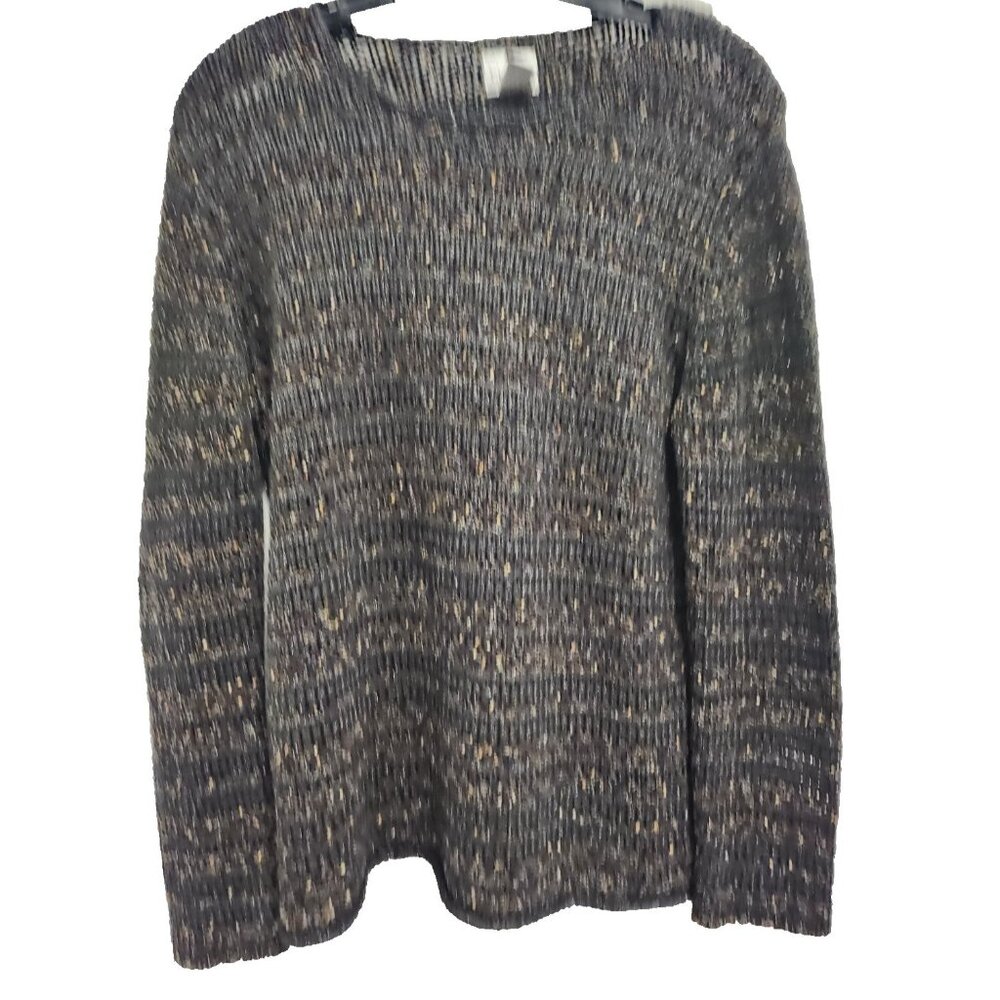 Chicos Womens Sweater Medium Brown Open Knit Speckled Pullover Long sleeve‎